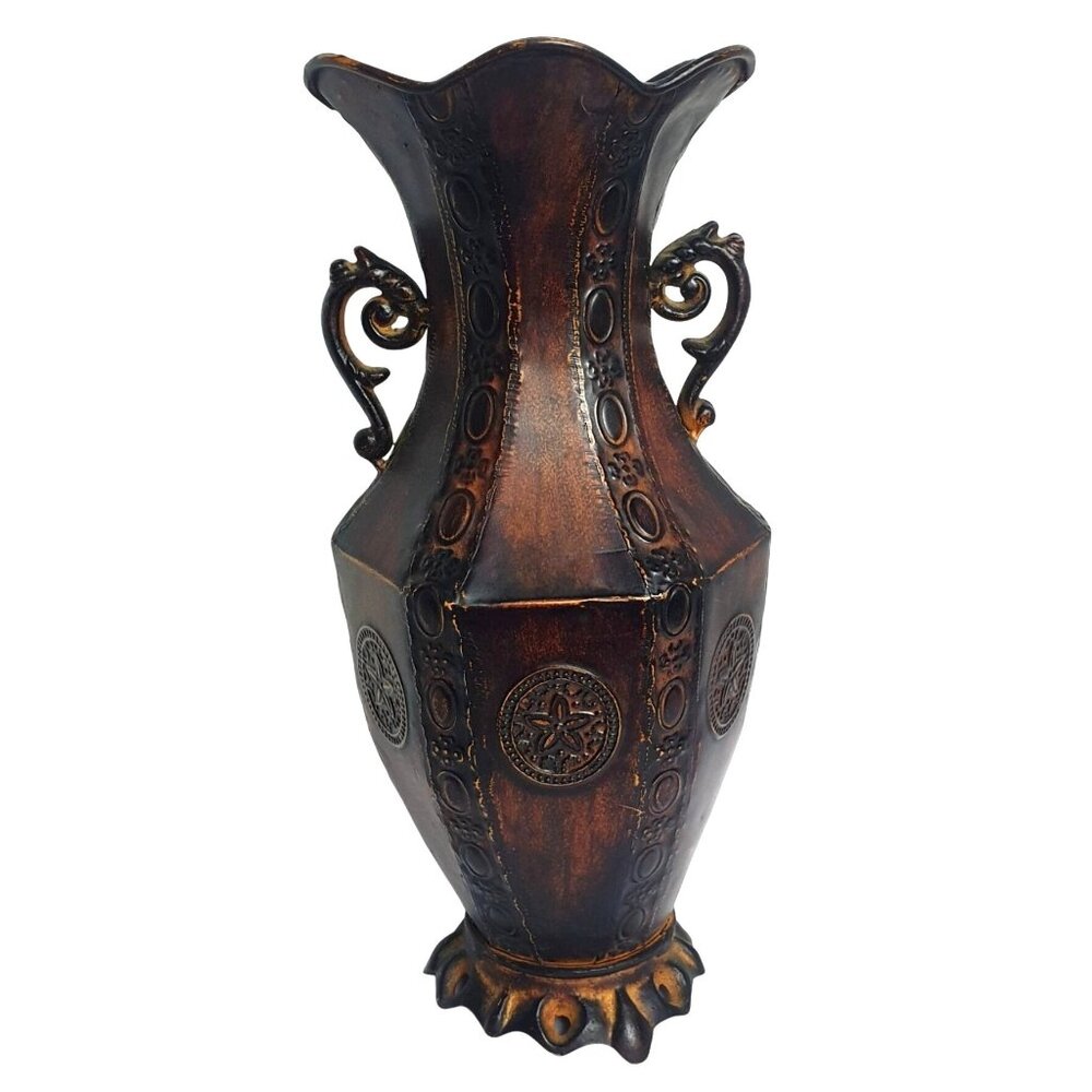 VTG Rare Ornate Bronze Metal Vase 13" Double Handles Intricate Embossed Designs